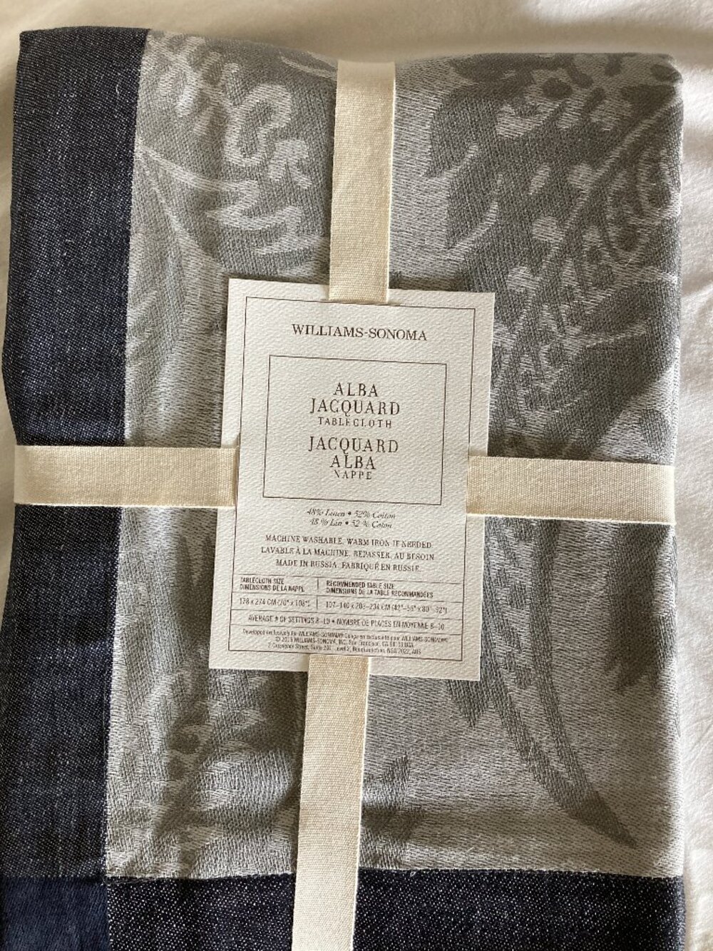 NWT Williams-Sonoma Alba Jacquard Tablecloth linen cotton grey 70"x108"